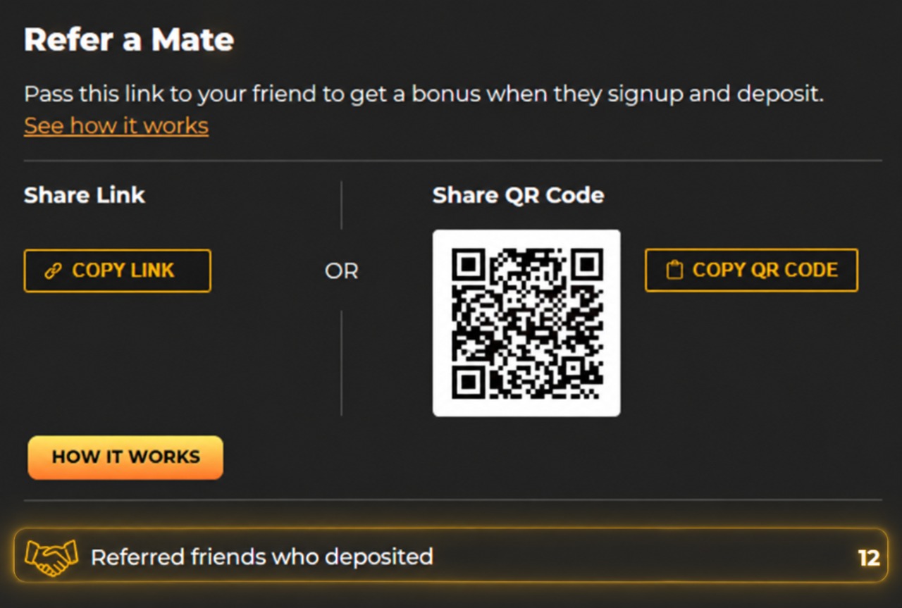 Referral dashboard showing referred mates who have deposited